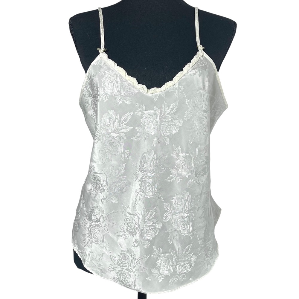 Vintage Cami Top Ivory Floral Embossed Mini Flowers Ruffle‎ Detail Coquette M/L
